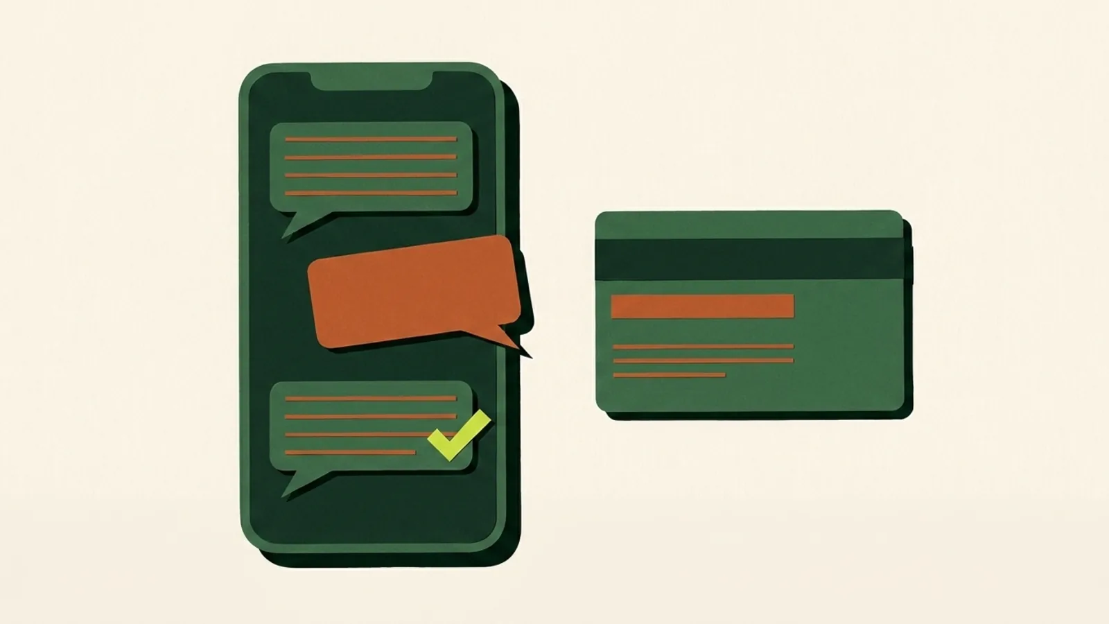 A cut-paper illustration seen from above: a plain phone showing three blank message bubbles, the middle one orange and tilted out of line with the others, and a bank card lying beside it.